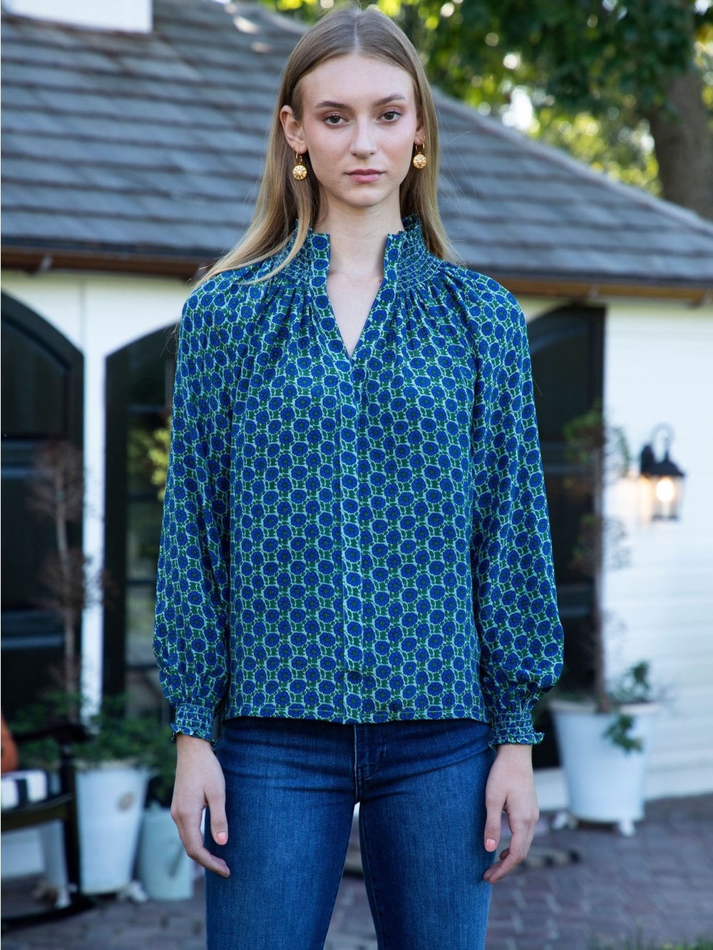 $239 Rungolee S 100% Silk Floral Kiki Blue Green Blouse